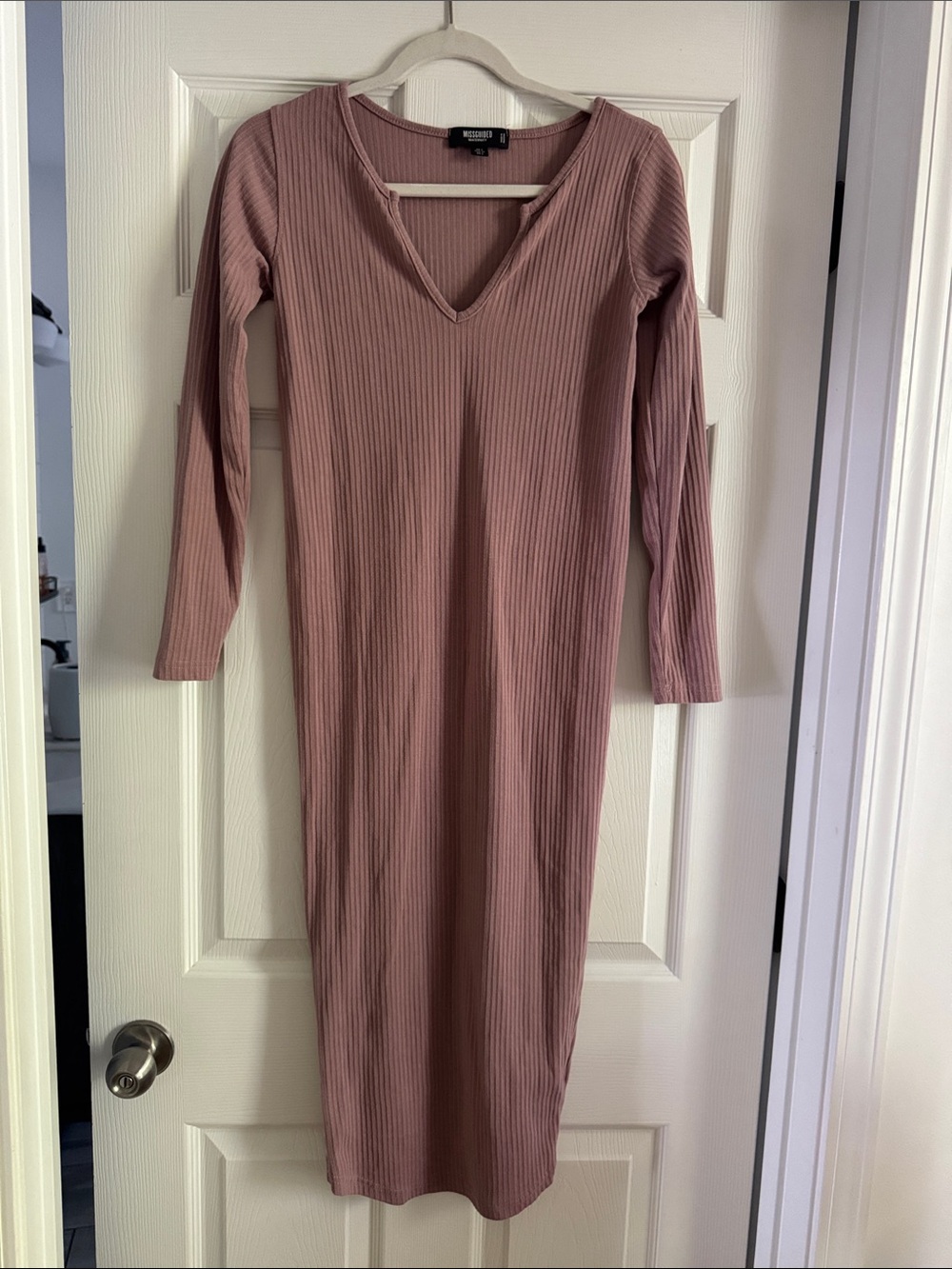 Missguided Maternity- Mauve Ribbed V-Neck Long Sleeve Midi Dress- 2